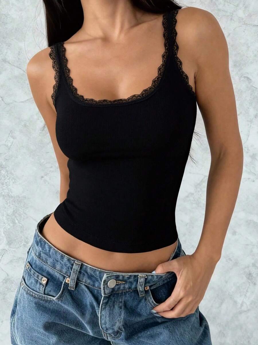 1pc Sexy Lace Trim Camisole Top For Women, Slim Fit With Padded Bust, Layering Undershirt - Black - View 1