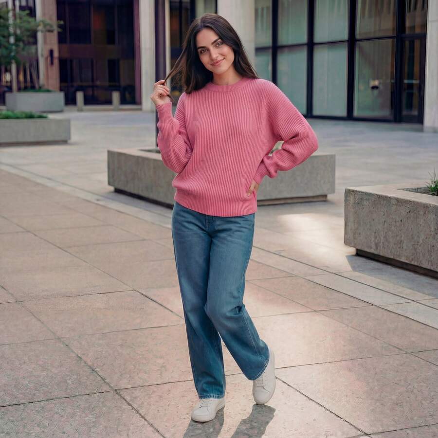 Suéter acogedor para mujer 2581 corte regular, manga larga, escote redondo muy elástico, estilo casual y bonito. - Rosa - Ver 1