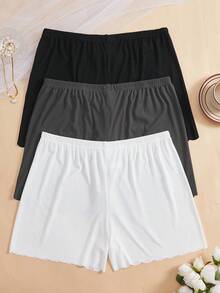 3pcs/Pack Women's Anti-Sheer Panties, Jacquard Waistband Ruffle Hem Plus Size Safety Shorts - Multicolor - View 4