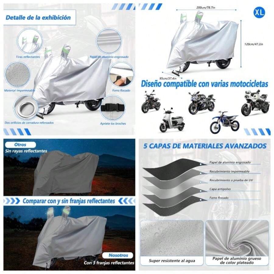 Funda para Moto Impermeable, con Tiras Reflectantes y Ojo de Cerradura, Proteccin de Espejo, Proteccin, Adecuada para, etcPlataXL - SG - Ver 1