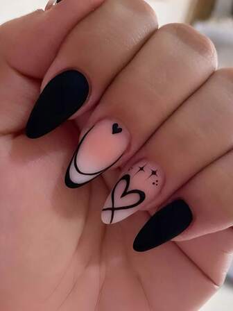 24 PIEZAS de uñas en forma de almendra prensadas, Juego de uñas para el Día de San Valentín (Diseño de corazón francés en negro mate, Diseño lineal), Uñas en forma de almendra medianas y largas, Uñas mate, Juego de uñas, Regalo del Día de San Valentín, Adecuado para citas, fiestas y regalos diarios para tu novia, ¡Mejora tu estilo!