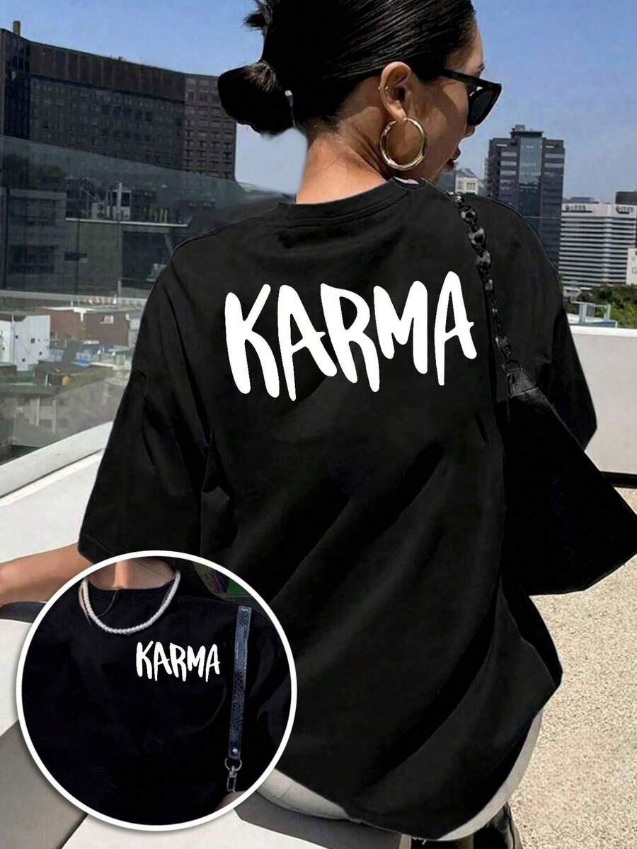 CHICLY19 Women's 100% Cotton "KARMA" Graphic T-Shirt, Bold Letter Print Oversized Tee, Casual Crewneck Short Sleeve, Loose Fit Minimalist Slogan Top, Soft Cotton Everyday Casual Wear, Urban Street Style Black Tee, Versatile Back & Chest Print Apparel, Simple Typography Casual Shirt For Women - 黑色 - 查看 1