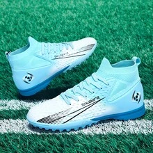 1 Par de Chuteiras de Futebol Unissex, Adequadas para Grama Sintética Externa, Campos de Treinamento Indoor, Esportes Coletivos Profissionais, Com Cadarço, Sola de Borracha Antiderrapante, Design Leve e de Alto Desempenho, Chuteiras de Futebol Populares Direto da Fábrica - Azul claro branco - Ver 3