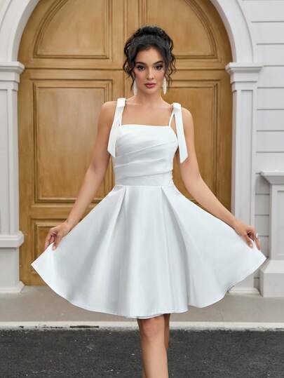 YUMIBRAVO Ballet Style White Dresses For Women Ruched Bust Wedding Dress Christmas Party Dress Satin Wedding Dresses For Bride Short Prom Dress Graduation Dress Ball Gown Woman Formal Dress Elegant Birthday Dress