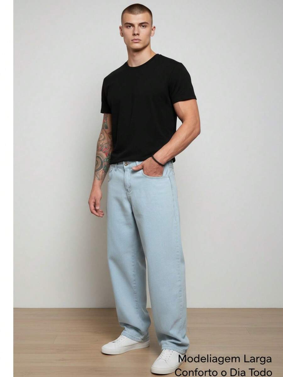 Men's Regular Fit Wide Leg Jeans - Light Blue - Vaqueros azul claro - Ver 1