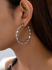 1 par de anillo y aretes de plata esterlina 925 exagerados, aretes grandes de aro con textura retorcida de moda para mujer, adecuados para uso diario y fiestas - Plateado - Ver 2