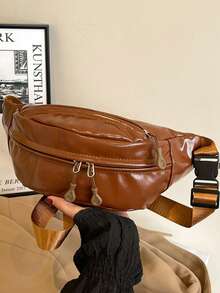 Geantă de talie din piele PU de culoare solidă pentru femei, geantă de piept la modă retro, geantă la subraț, geantă mică crossbody casual cu un umăr pentru primăvară/vară, geantă de piept minimalistă versatilă - Maro - Vizualizare 1