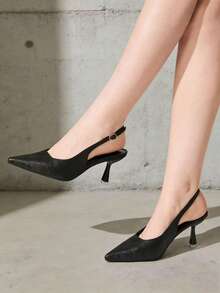 Women's French One-Buckle Strap Pointed Toe Backless High Heel Pumps, Black, Fashion Versatile Commuter Shoes, Suitable For Dresses, Spring/Summer - Black - View 1