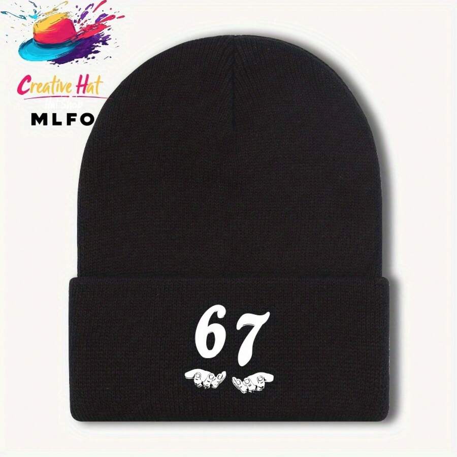 Funny 67 Gag Knitted Hat With 67 Numbers And Wings Design - Unisex Winter Warm Headwear, Elastic Stretch Fit, Signature 67 Print Suitable For Men And Women, Machine Washable 67 Fan Accessories - 黑色 - 查看 1