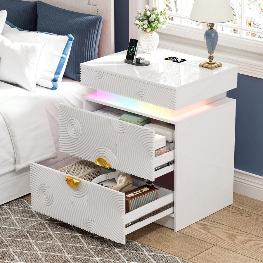 Lvifur LED Nightstand - With RGB Light, Night Stand With A Lockable Hidden Drawer And 2 Drawer, Smart Bedside Table With Auto Sensor, USB&Type-C For Bedroom, Modern Sofa End Table - White - 查看 1