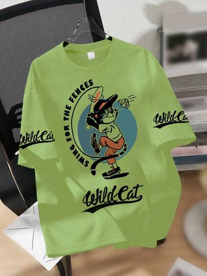 Teenage Boys' Cool Wildcat Baseball Print Soft Fabric Short Sleeve T-Shirt, Casual Sportswear, Spring/Summer, Teenage Boys Tops