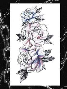 1张彩色性感素描花卉纹身贴纸，逼真纹身外观，不反光，防水，让您展现个性，彩色素描花卉设计，适用于女性腰部和大腿，多功能男女通用身体艺术临时纹身，适用于手臂、胸部、颈部和背部，易于粘贴和去除。 - 彩色 - 查看 3