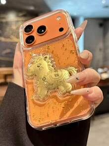 1个奢华透明环氧树脂金色闪粉手机壳，带3D小马图案，兼容 11/12/13/14/15/16系列，防滑保护套；1个卡通金色幸运小马环氧树脂手机壳，兼容 17/17Pro/17ProMax/17Air系列，柔软防震保护套；马年新年手机壳