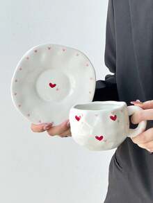 1 Set Heart-Shaped Ceramic Coffee Cup & Saucer, Elegant Minimalist Ceramic Mug, High-Quality Hand-Painted Ceramic Cup, Water Cup, Breakfast Milk Cup, Juice Cup, Party & Afternoon Tea Cup, Saudi Coffee Cup, Gift Cup - Multicolor - View 13