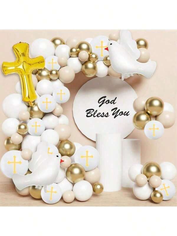 First Holy Communion Balloons Garland Arch Kit Confetti White Gold Thickening Latex Balloons For Cross God Bless Christening Baptism Theme Birthday Party Decorations Supplies