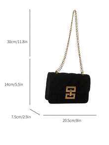 1个黑色菱格纹链条单肩包，小号方形斜挎包，天鹅绒材质，配金属链条肩带和五金搭扣装饰 - 黑色 - 查看 4