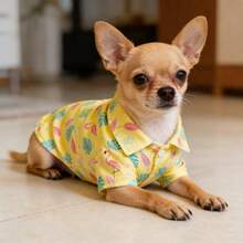 1pc Printed Lapel Pet Shirt - Tropical Leaf & Flamingo Print Short Sleeve, Breathable Puppy Clothes, Medium/Small Dog Apparel, Suitable For Westie, Chihuahua - Yellow - View 5