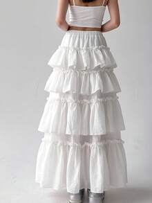 Elegant Women's White Layered Solid Color Skirt, Suitable For Spring And Summer - White - View 3