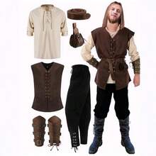 Renaissance Period Costume Set For Men; Pirate Shirt With Lace-Up Pants Set; Medieval Pirate Shirt With Lace-Up Pants