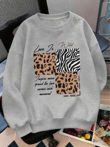 女士秋冬豹纹字母印花简约宽松街头风休闲圆领长袖保暖卫衣 - 灰色 - 查看 6