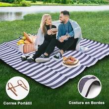 Timotech Manta de Picnic Extragrande de 2x2 Metros Manta de Playa Impermeable y Plegable de 3 Capas para 6 a 8 Adultos Ideal para Campamento Parque Playa Césped Interiores - Azulyblanco - Ver 5