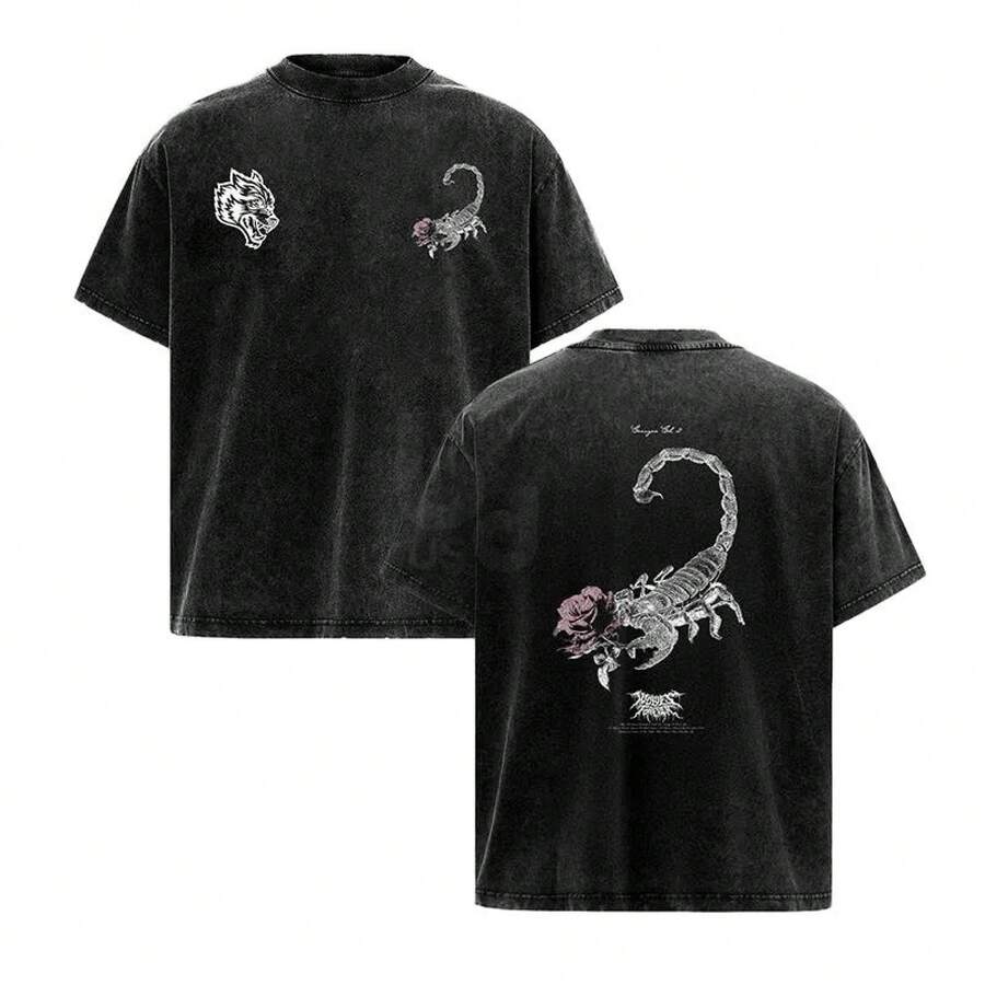 DarcSports X Scorpion Rose Graphic Tee - Dark Aesthetic Oversized Washed T-Shirt & Hoodie - Soft Fabric Casual Streetwear Outfit - 黑色 - 查看 1