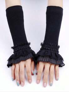 1pair Fashionable High Elasticity Fingerless Arm Warmer Gloves, Double Layer Lace Decor False Sleeves, Knitted Cuff Cover For Women And Girls Clothing Accessories Dress Up, Black & White Cold Gloves Valentine's Day Valentines - 黑色 - 查看 3