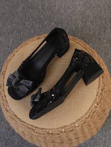 方头粗跟一脚蹬鞋，百搭蝴蝶结鞋，时尚一脚蹬鞋，镂空串珠高跟鞋，尺码 35-43（偏大一码），黑色 - 黑珠片中空(雙色蝴蝶結) - 查看 13