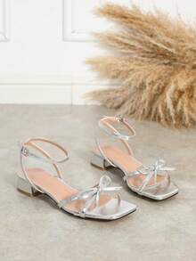 Giày sandal nữ thời trang nhiều quai, thắt nơ, hở mũi, khoét lỗ, khóa cài, gót thấp, thoải mái, đa năng, chống trơn trượt, kiểu La Mã. - Bạc - Xem 5