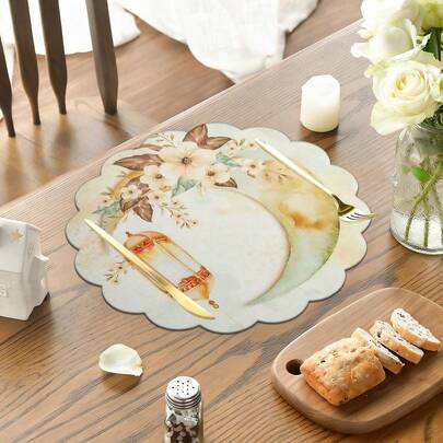 1pc/Set Crescent Moon & Flower Linen Placemat, 38cm*38cm Seasonal Kitchen Dining Table Decor, Ramadan Family Gathering Decoration