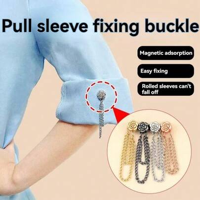 3件套可调节磁性山茶花袖夹 - 耐用合金材质，可拆卸下摆夹，适用于T恤、连衣裙、裤子，可缩短过长的连衣裙袖子
