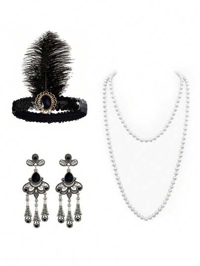 3pcs 20th Century 1920s/1940s Elegant Jazz Era Fashion Accessories Set, Vintage High-End Black & White Mesh Gloves + Rose Rhinestone Glasses + Pearl Bow Tie Necklace, Suitable For Retro Party, Christmas, Valentine's Day, 1920s/1940s Party, Holiday Party, Masquerade Ball, Bachelorette Party