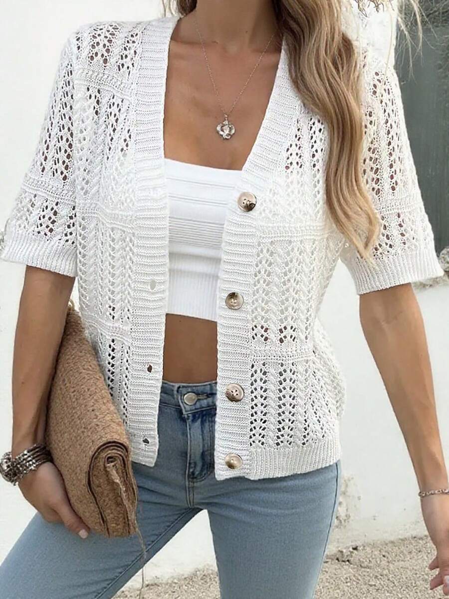 Solid Color Hollow Out Short Sleeve Front Button Up Cardigan, Casual Daily Wear Summer