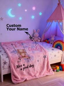 Personalized Name Cute Bear Swing Blanket, Super Soft Flannel Throw Blanket, Birthday Gift For Girls - Multicolor - View 3