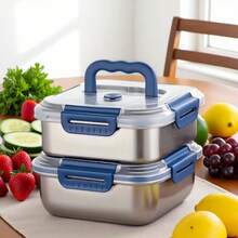 2 PCS Extra-Large Stainless Steel Food Storage Containers With Blue Lids - Deep Design, Airtight Seal, Perfect For Refrigerator Organization, Meal Prep, Lunch Boxes & Kitchen Pantry - 銀色 - 查看 1