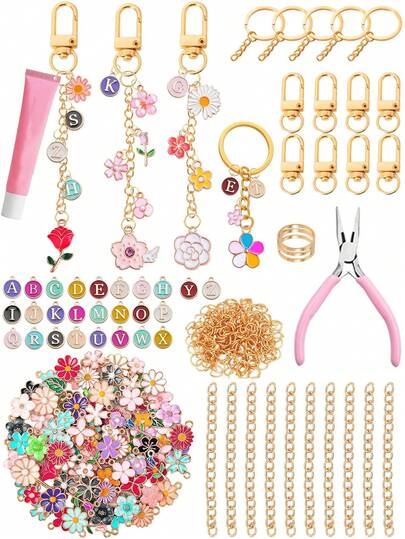 126/201 piezas Combo de llavero y colgante de moda en color rosa, decoración colgante de metal hecha a mano, set de accesorios de llavero estilo Ins, con opciones de varios tamaños