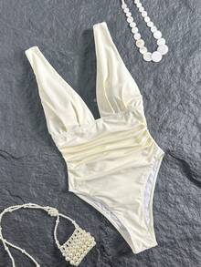 Nuovo costume da bagno elegante monospalla con arricciature e schiena scoperta, di colore unito, adatto per donna, spiaggia, festa in piscina, vacanza estiva bianca - Bianco - Visualizzare 2