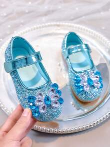 1 Pair Girls' Ice & Snow Princess Flat Shoes With Full Glitter And Rhinestones, Round Toe, Single Strap Buckle, Non-Slip, Versatile For Daily Wear - Blue - View 3