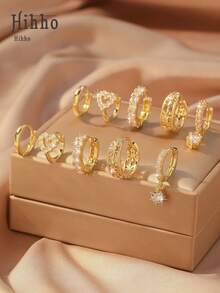 Hihho 10 件/套简约金环耳环，心形和花朵设计耳环，可爱的五瓣花耳钉，适合女孩日常佩戴和情人节礼物 - 金黃色 - 查看 2