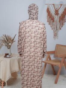 长袖连帽祈祷服，荷叶边领口，几何图案梭织面料，端庄舒适，适合女性穿着。 - 黑色 - 查看 2