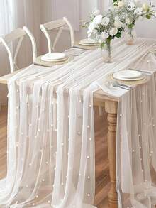 1 Peça Caminho de Mesa de Tule Estilo Boêmio 72*300cm, Decorado com Pérolas Falsas, Adequado para Chá de Bebê, Arco de Casamento, Decoração de Chá de Noiva, Mesa de Sobremesa, Casamento, Banquete, Festa e Outras Ocasiões - Tecido Branco Elegante - Multicolorido - Visão 1