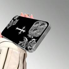 1 pieza Funda de teléfono de vidrio con diseño de cruz de rosa negra y plateada compatible con iPhone 17 Pro Max/16 Plus/16 Pro/16/15 Pro Max/15 Plus/15 Pro/15/14 Pro Max/14 Pro/14/13 Pro Max/13Pro/12/11/11PRO/12PRO/12PROMAX/XR/XSMAX, diseño de alta gama con protección de lente - Plateado - Ver 2