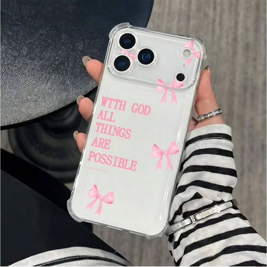 Compatible con iPhone 17, 16, 15, 14, 13, 12 y 11 Pro Plus Max, así como con OPPO, Galaxy, Moto, Redmi, Honor y Transsion. Esta funda transparente de cuatro esquinas a prueba de golpes presenta un lazo rosa y letras en inglés. Ideal como regalo de cumpleaños, para tu pareja o para uso personal. - transparente - Ver 1
