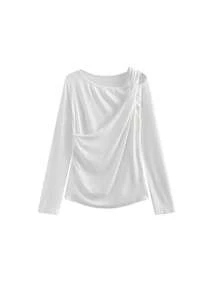 Ruched Shoulder Design Long Sleeve T-Shirt, Women's New Slim Fit Undershirt Top - White - View 5
