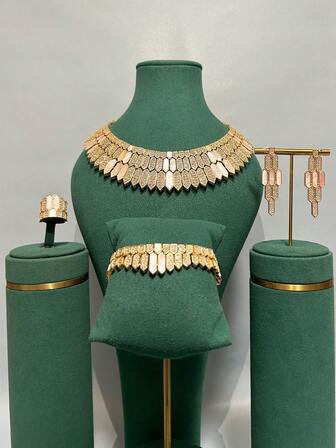 Juego de lujo de 4 piezas: Concha dorada redonda, juego de joyas con micro-incrustaciones de circonita, elegante y glamoroso (collar, pulsera, anillo, aretes), adecuado para uso diario, fiestas, bodas, regalo para novias, amigas