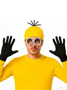 3 pièces Ensemble bonnet tricoté jaune + lunettes + gants noirs, convient pour Halloween, Noël, cosplay, la Saint-Valentin, les représentations sur scène, les fêtes, Pâques, le carnaval - Multicolore - Voir 2