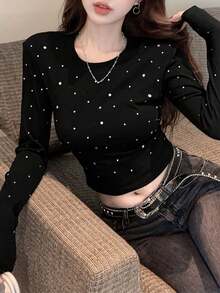 Rhinestone Decor Round Neck Long Sleeve Cropped T-Shirt For Women, Early Autumn - Black - View 6