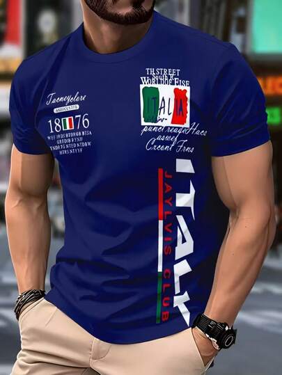 2026 Nueva camiseta de manga corta de moda para hombres con estampado 3D, camiseta casual de cuello redondo azul, lavable a máquina, adecuada para el vestido diario y los deportes al aire libre