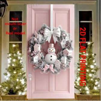 [2D] Pancarta plana, 1 pieza Adorno colgante de corona de muñeco de nieve navideño, decoración de poliéster moderna, pancarta para puerta festiva de 89,92x179,83 cm, decoración de fiesta interior y exterior, sin necesidad de electricidad, para uso general