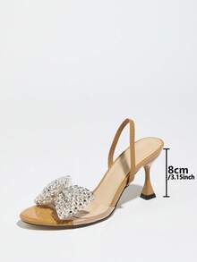 Women's High Heel Shoes, Fashionable And Elegant For Parties, Outdoor Events, And Formal Occasions. Features Include: Stiletto Heel, Round Toe, Sparkling Rhinestones, Oversized Bow Accent, PVC Transparent Glass-Like Material, Textured Stone-Like Pattern, Ankle Strap, Versatile And Suitable For Dresses. Available In Camel Color. - Camel - View 4
